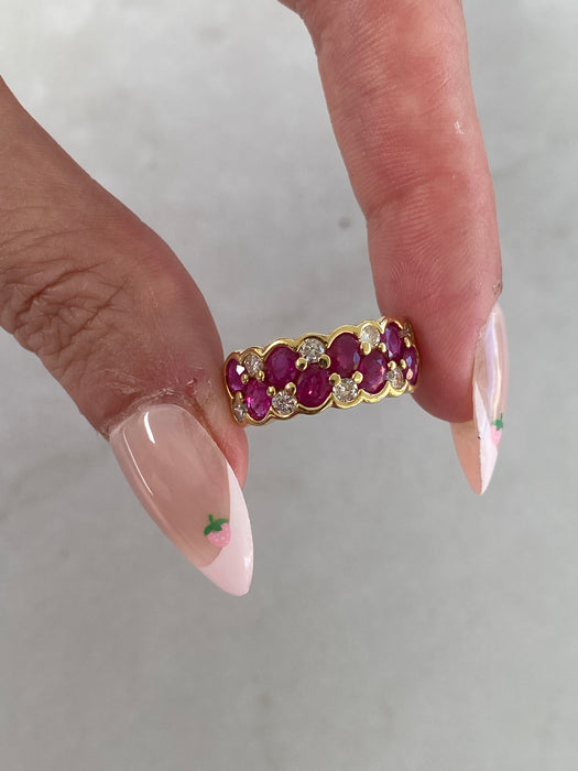 Vintage 18k Gold Bezel Cluster Ruby Diamond Ring