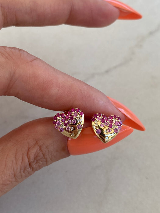 14K Yellow Gold Ruby, Pink Sapphire & Diamond Heart Earrings