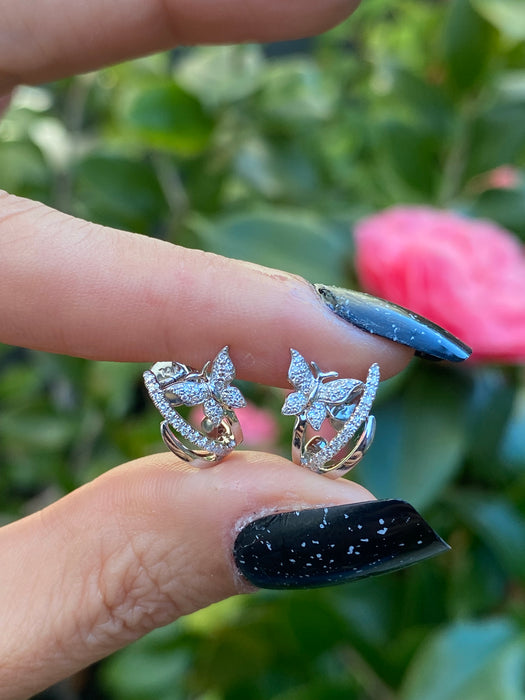 14k white gold diamond butterfly huggie earrings