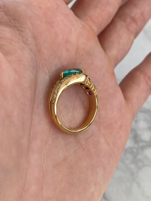 Vintage 18K Emerald, Ruby & Diamond Ring