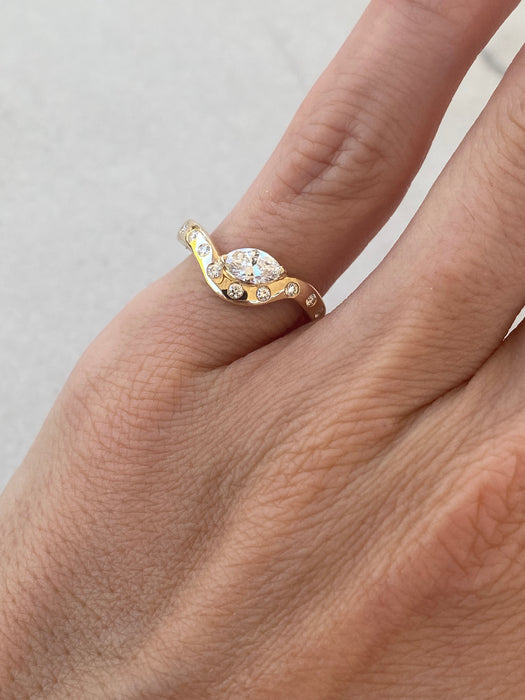 14K Gold Wavy Diamond Band with Flush-Set Marquise & Round Diamonds