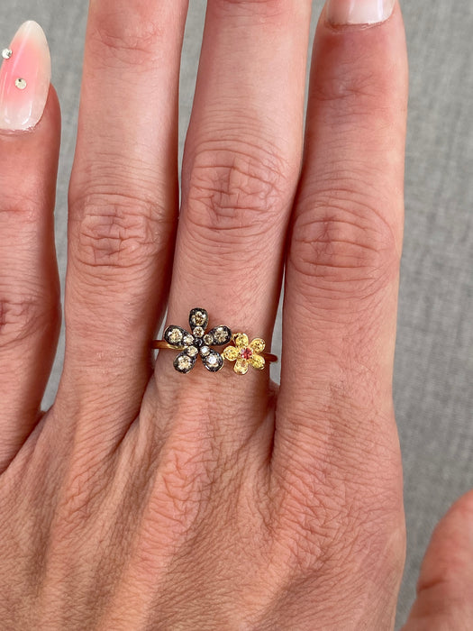 14K Champagne Diamond & Sapphire Floral Ring