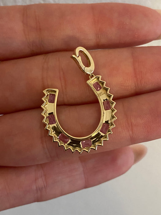 14K Gold Natural Pink Sapphire Horseshoe Charm