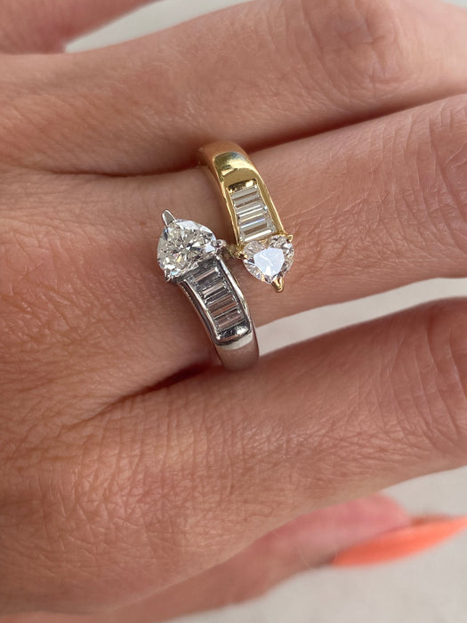 Vintage 18K Gold & Platinum Natural Heart Diamond Bypass Ring