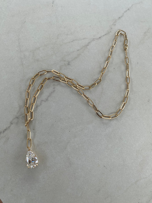 14K Paperclip Lariat Necklace with 5 Carat Pear Lab Diamond