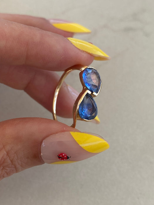 14K Gold Double Pear Blue Sapphire Ring – 2.86 TCW Size 8