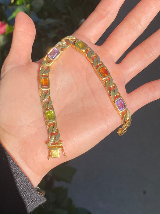 Vintage 14k Solid Gold Rainbow Gemstone Curb Bracelet | Emerald Cut Peridot Amethyst Citrine | 7”