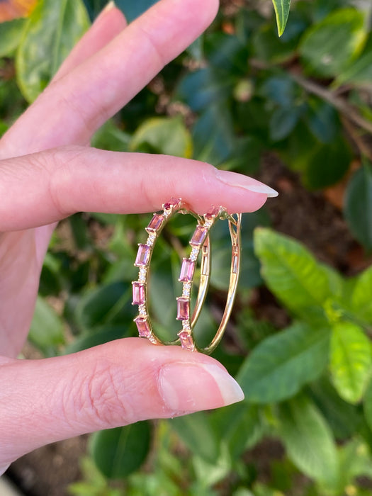 14k pink sapphire and diamond hoop earrings