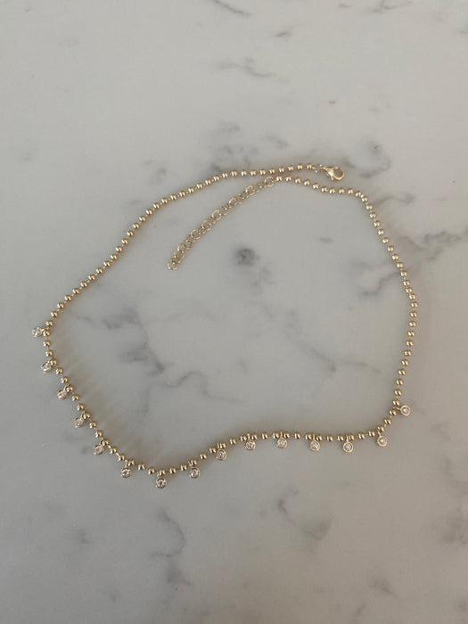 14k bead necklace with bezel set diamond charms