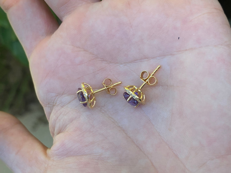 14k amethyst flower diamond stud earrings