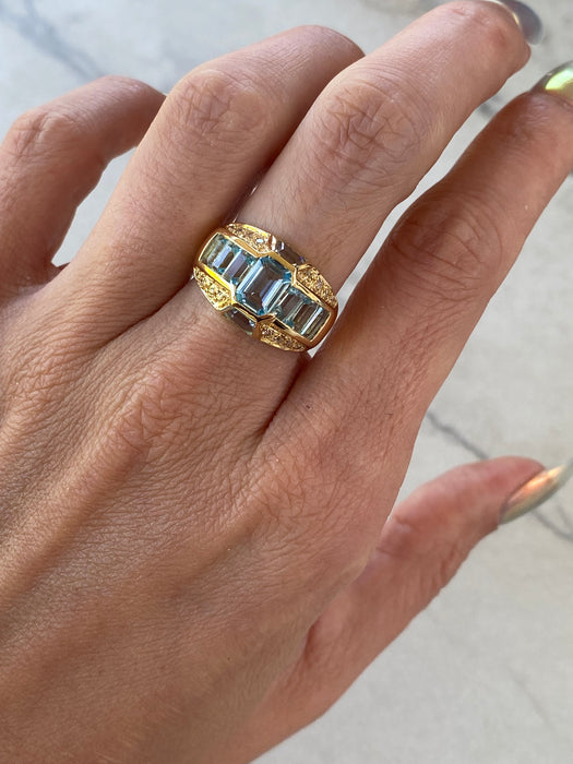 Vintage 18K Gold Blue Topaz & Diamond Geometric Ring – 2.84 TCW Blue Topaz