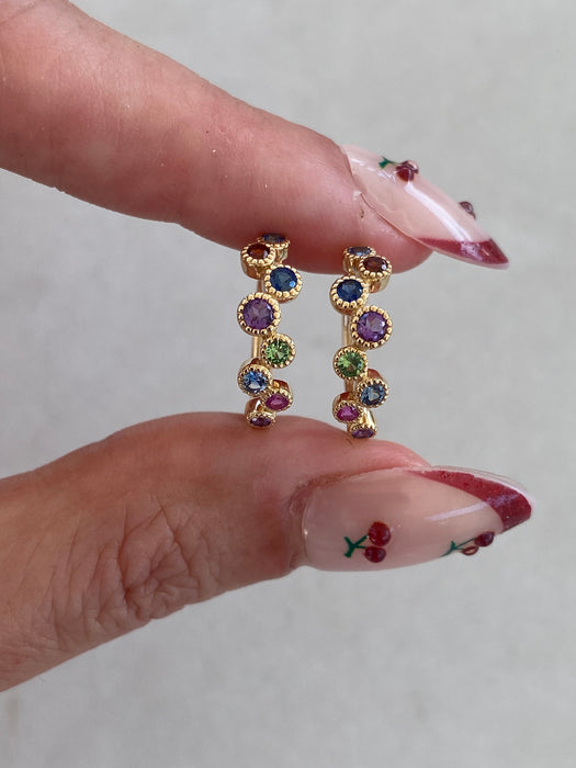 14K Rainbow Gemstone Bezel Huggie Earrings