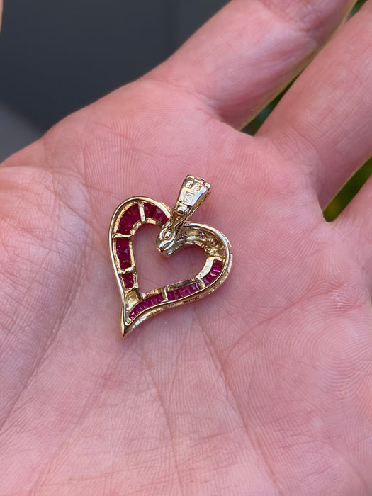 Vintage 14K Gold Princess Cut Ruby & Diamond Heart Pendant