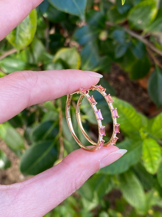 14k pink sapphire and diamond hoop earrings