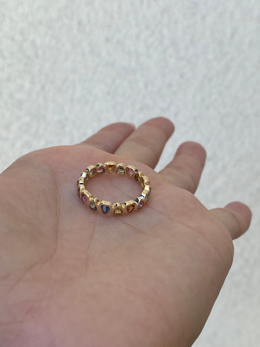 14k rainbow sapphire bezel heart eternity ring size 7.5