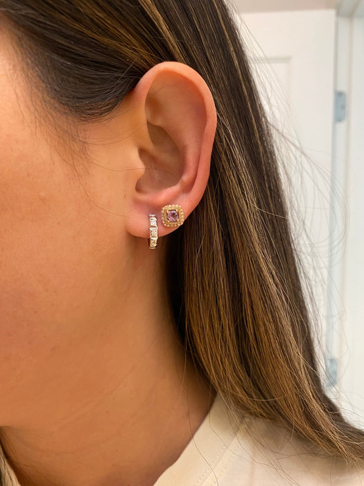 14K White Gold Diamond Square Huggie Earrings