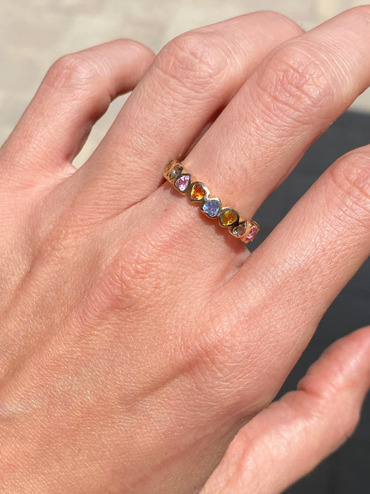 14K Gold Rainbow Sapphire Heart Eternity Ring