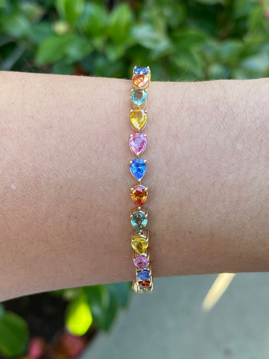14k Gold Pear Cut Rainbow Sapphire Tennis Bracelet | Multicolor Sapphire Bracelet