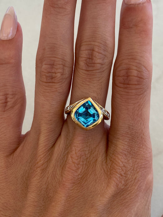 Vintage 14K Gold Sky Blue Topaz & Diamond Bezel Set Ring – Size 7.5