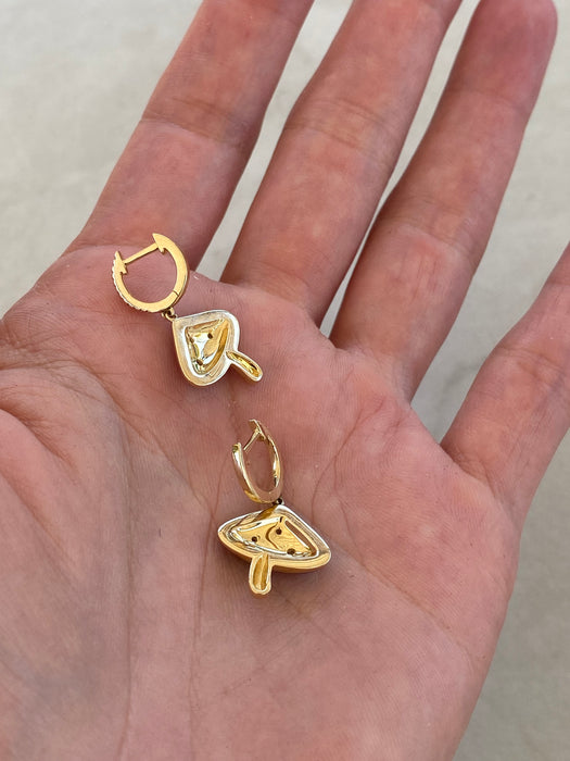 14K Gold Diamond Huggie Earrings with Blue Enamel Mushroom Charms