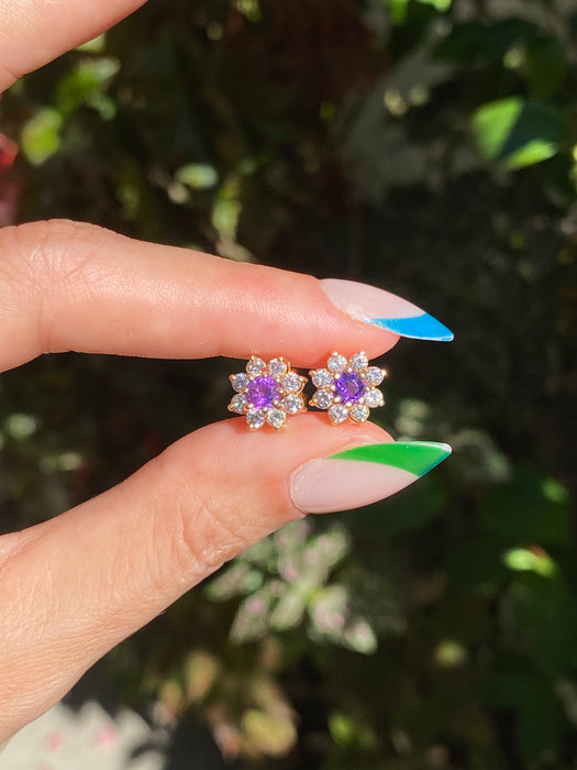 14k amethyst diamond flower stud earrings