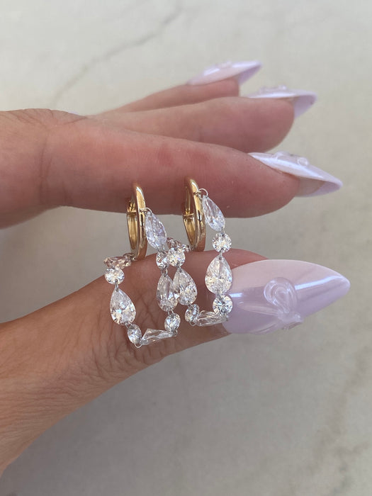 14K Gold Floating Lab Diamond Drop Huggie Earrings | 4.65 CTW Pear & Round Lab Diamonds