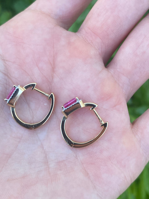 14K Gold Ruby & Diamond Huggie Earrings