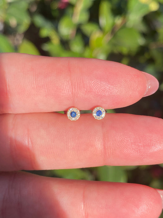 14k halo blue sapphire diamond stud earrings