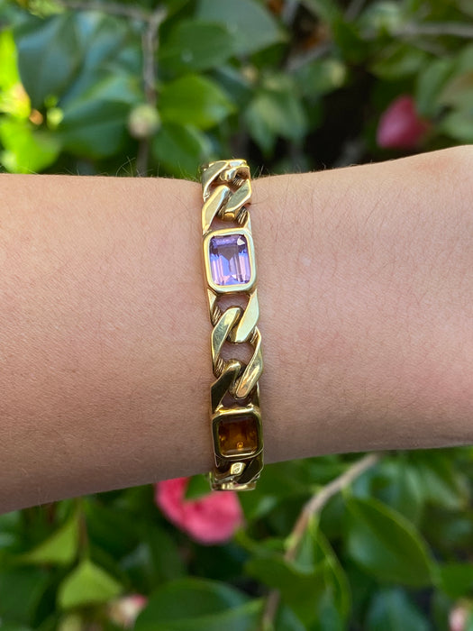 Vintage 14k Solid Gold Rainbow Gemstone Curb Bracelet | Emerald Cut Peridot Amethyst Citrine | 7”