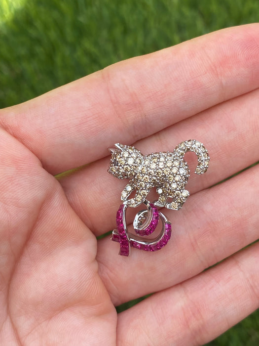 Vintage 18K White Gold Diamond & Ruby Cat Slider Charm