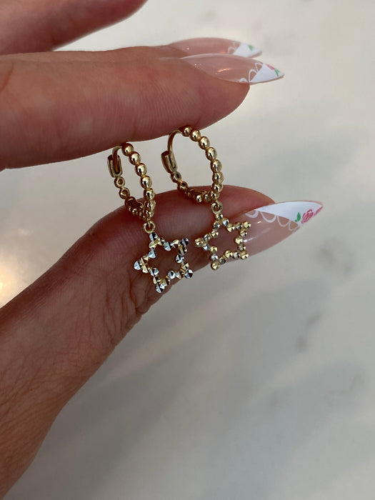 14K Two-Tone Bead Huggie Earrings with Diamond-Cut Star Charms