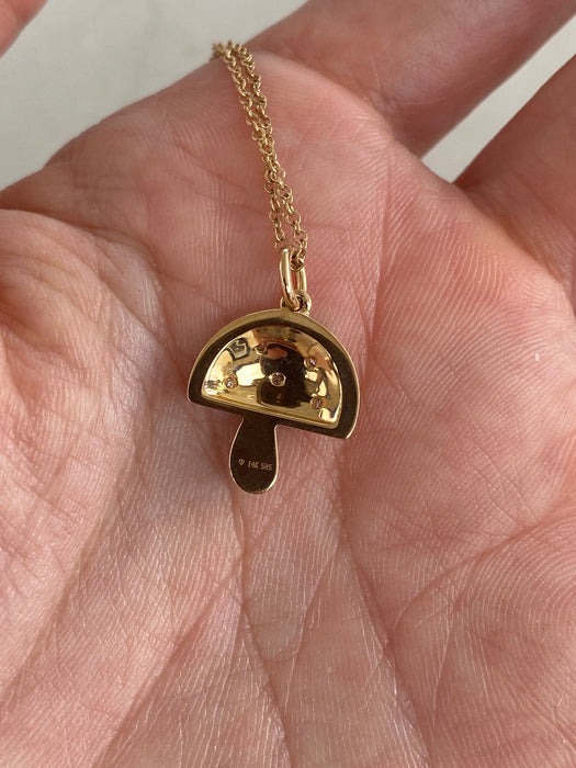 14K Gold Black & Gray Enamel Diamond Mushroom Charm Necklace | Adjustable 16-18”