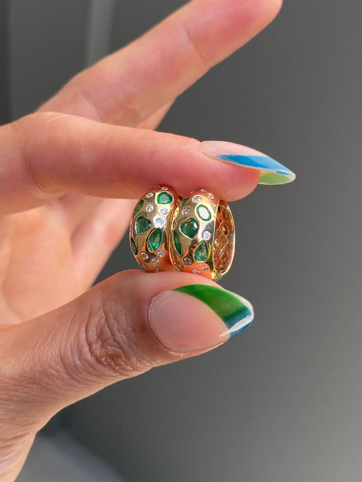 14k emerald fancy diamond heart hoop earrings