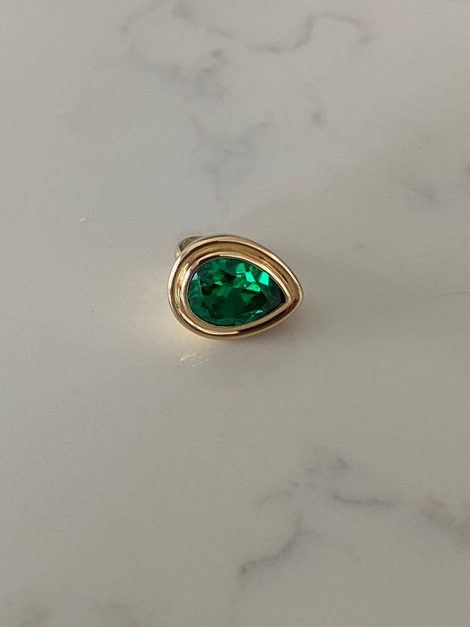 14K Gold Bezel-Set Lab Emerald Pear Pinky Ring