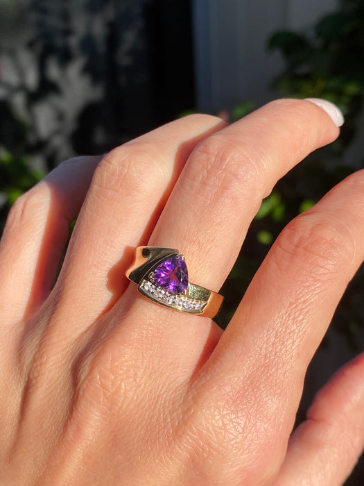 Vintage 14K Gold Trillion Amethyst Diamond Ring – Size 6.5