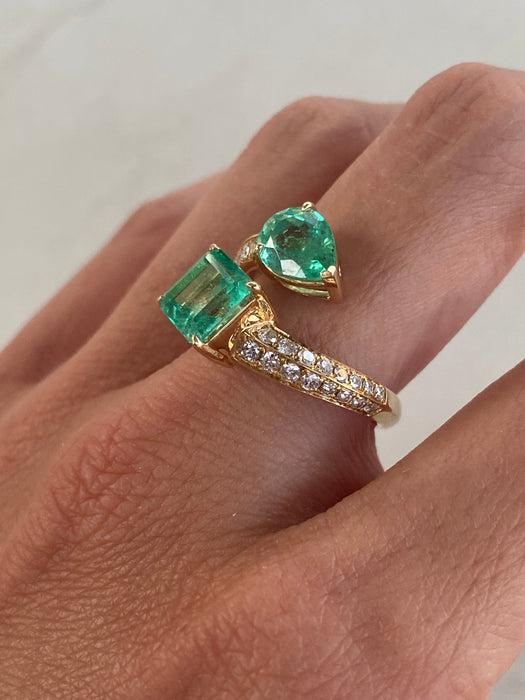 Vintage 3.77 TCW 18K Emerald & Diamond Bypass Ring