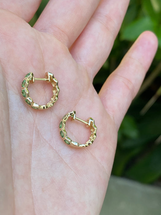 14K Gold Hexagon Tsavorite Garnet Huggie Earrings