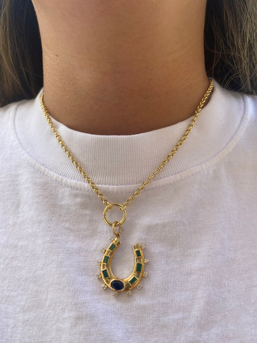 14K Gold Diamond, Emerald & Blue Sapphire Horseshoe Pendant