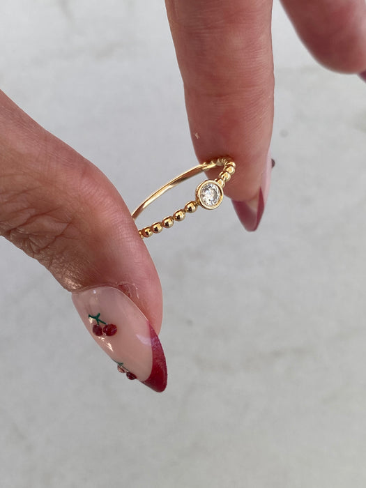14K Gold Beaded Bezel-Set Lab Diamond Ring