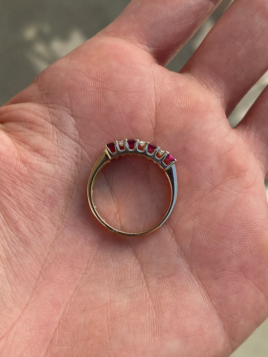 Vintage 14K Gold Ruby & Diamond Ring – Princess Cut Rubies with Round Diamonds – Size 7