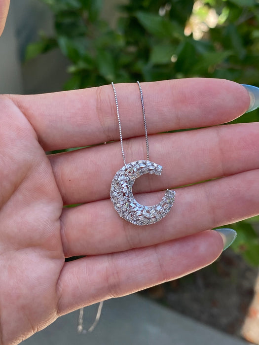 18k white gold box chain with 18k white gold baguette diamond crescent moon