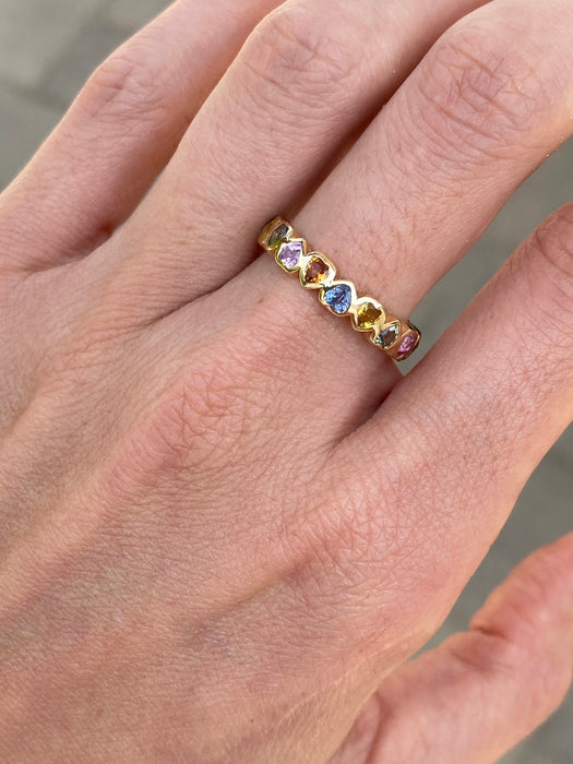14K Gold Rainbow Sapphire Heart Eternity Ring