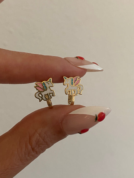 14K Gold Enamel Unicorn Huggie Earrings