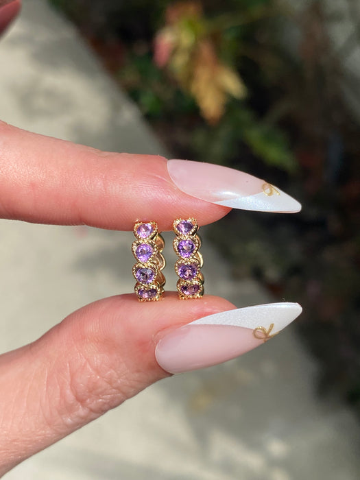 14K Gold Amethyst Heart Huggie Earrings Purple Heart Huggies 12mm