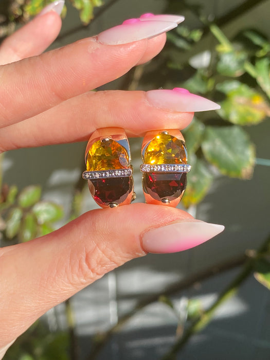 Vintage 14K Gold Garnet, Citrine & Diamond Half Moon Earrings with Omega Backs
