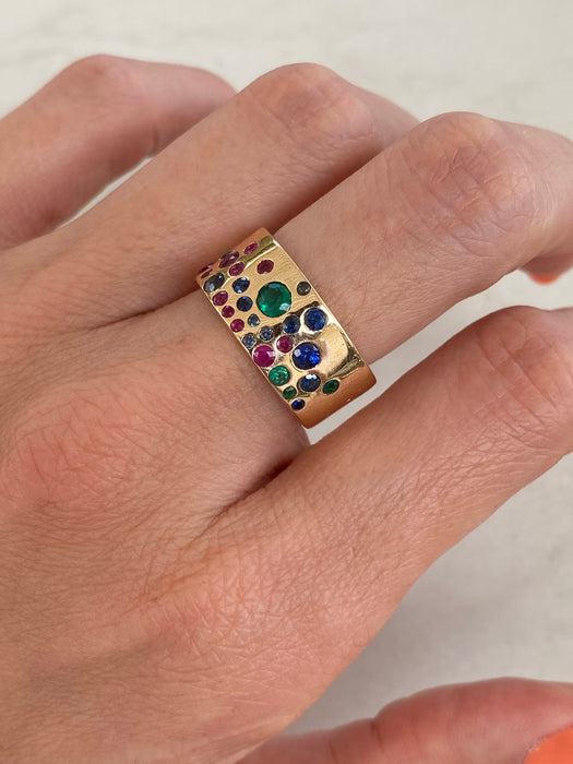 14K Gold Ruby, Emerald & Sapphire Cigar Ring Size 6.75