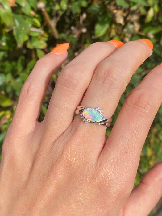 Vintage Platinum 900 Opal Diamond Ring Size 6