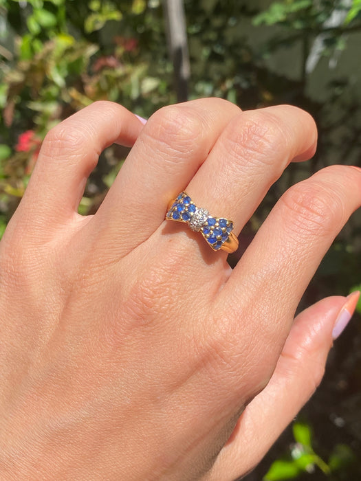 18k blue sapphire diamond bow ring size 6.5