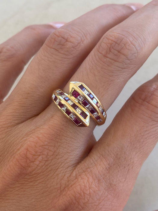 Vintage 18K Ruby & Diamond Checkerboard Bypass Ring