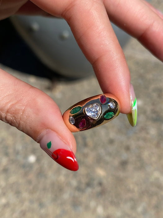 18k diamond heart emerald ruby ring size 7